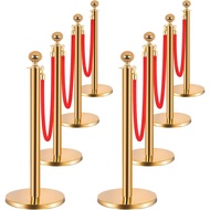 8PCS Stainless Steel Stanchions Post w/ 6 Red Velvet 5ft Carpet Ropes - Hollow Base for Red Carpet Q