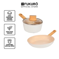 Fukuro Shiro Ceramic Cookware Set Non-Stick Fry Pan 26cm and Sauce Pan 18c with Lid for All Stoves L