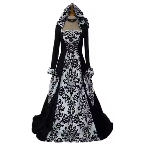 Women Medieval Renaissance Hooded Dress 19th Century European Costumes Ladies Vintage Victorian Goth