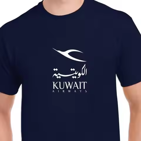 Kuwait Airways White Logo Airline Geek Navy Blue Cotton T shirt