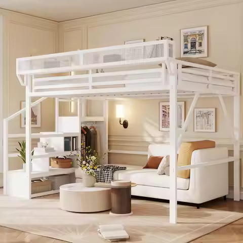 Queen Size Loft Bed with Stairs and Storage, Metal Loft Bed Frame with Bedside Shelf and Large Under