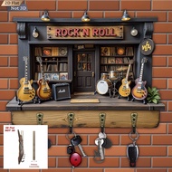 Rock N Roll Guitar Shop Key Holder 2D Flat Print Wall Mounted Key Rack with 4 Hooks Music Lover Home