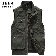 JEEP SPIRIT เสื้อกั๊กผู้ชายแบบเรโทรแจ็คเก็ตหลายกระเป๋าเสื้อกั๊กพักผ่อนกลางแจ้งปีนเขา