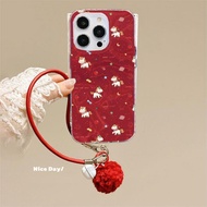 3D Fuzzy Ball Bell Red Lanyard Case For OPPO A6 A5i A5 A3 Pro A5X A3X A80 A60 A40 A20 A17 A17K Calen