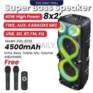 zqs-8238 Super wBass 40W 8-inch * 2 Subwoofer wireless Party speaker with RGB light wireless microph