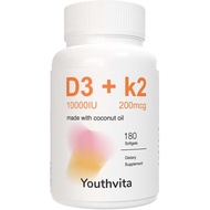 d3 k2 Vitamin 10000 iu, 180 Coconut Oil Softgels | 2 in 1 Vitamins Supplement D3 10000 IU & K2 (MK7)