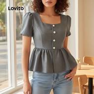 Lovito Women's Spring Summer Blouse with Button Ruffle Hem and Smooth Texture in Black L137ED655