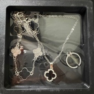 (Real Picture) SET 3 4-Leaf Clover Necklace, Ring, Bracelet, Black Tone Heart (Included Box) Jandrea