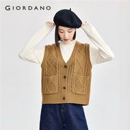 GIORDANO Women Sweaters V-Neck Button-Front Cable Knit Vests Solid Color 7-Gauge Knit Fashion Casual
