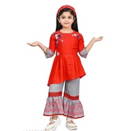 (Ready Stock) Promotion Girls Trendy Sharara Kurtis Pants Suits  Red #WhileStocLast# Size: 4-5years