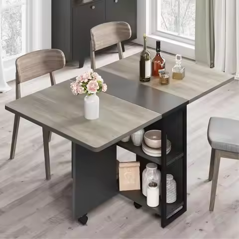 Wood Folding Table, Dining Table with 6 Wheels and 2-Layer Storage Shelf For Home Office, 47.2" D x 