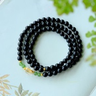 天然和田玉 /和闐玉-墨玉 碧玉銀鑲白水晶設計多圈手串衣襟掛ms