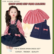 Set Gaun Budak Perempuan Biru Kain Petak & Apron Denim 2-8 Tahun (Girls Kids Top & Denim Apron Dress