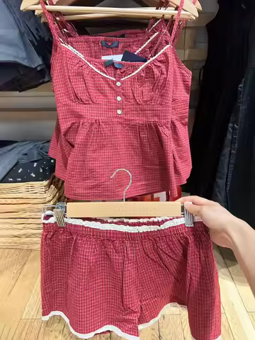 Red Plaid Lace Trim Tank Shorts Sets Women Back Lace-up Slim Camisole+Loose Sweatshorts Cute Sweet C