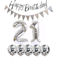 2 Balloons Number 21 + Happy Birthday Garland + Silver Banner foil Balloon 21th Birthday Decoration+