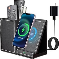 KINGFOM PU Leather Desk Organizer with Wireless Charging Station for iPhone, 10W Wireless Charger for iPhone 14/14 Pro/13/12/Samsung Galaxy S23/S22/S21/Note 20/Note 10(Black-S)