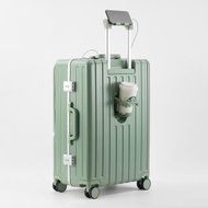（綠色）PC行李箱 20吋 多功能 旅行箱 USB杯架 手提箱 前口袋蓋 拉桿箱 喼 行旅箱