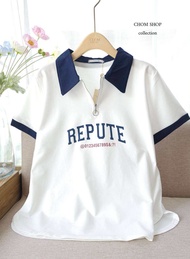 พร้อมส่ง 🎉 เสื้อยืดแฟชั่น ป้ายChom อก42ยาว24 ผ้ายืด ผ้าเด้ง คอปก แต่งซิปใช้งานได้จริง แขนสั้น งานสกร