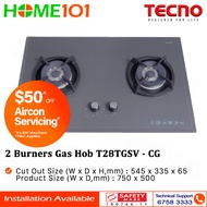 Tecno Glass Cooker Hob 2 Burners T28TGSV - Ceran Grey  - LPG / PUB - FREE INSTALLATION