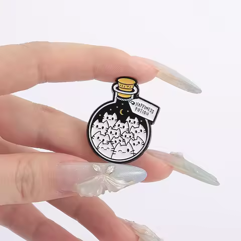 Cat Magic Bottle Enamel Pins Custom HAPPINESS POTION Brooches Lapel Badges Clothes Animal Jewelry Gi