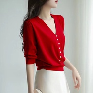 IRENASTORY Áo khoác len mỏng nữ cho mùa hè tay lửng Lụa băng áo đan lỏng giảm béo Áo Blouse cổ chữ V