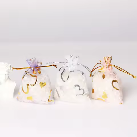 50pcs Hearts Design Organza Bags Drawable Wedding Party Decoration Gift Bags Pouches Jewelry Packagi