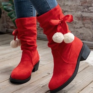 Match Sweater Dress,Women's Mid-Calf Boots, Red High Heel Round Toe Fluffy Pom Pom Decor Christmas S