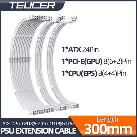 Teucer PSU Extension Cable Motherboard ATX 24Pin GPU PCI-E 6+2Pin 8Pin CPU EPS 4+4Pin 3in1 Kit 18AWG