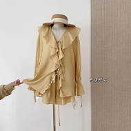 ชุดเสื้อเชิ้ตและกางเกงกระโปรงหลวมๆ ผ้าไหม OK Good First Love Orange Bellflower Ruffle Hem Loose Shir