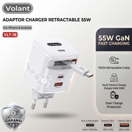 VOLANT Charger 55W Fast Charging Built-In Retractable USB-C Cable 2-Port USB PD USB-C Super Fast Cha