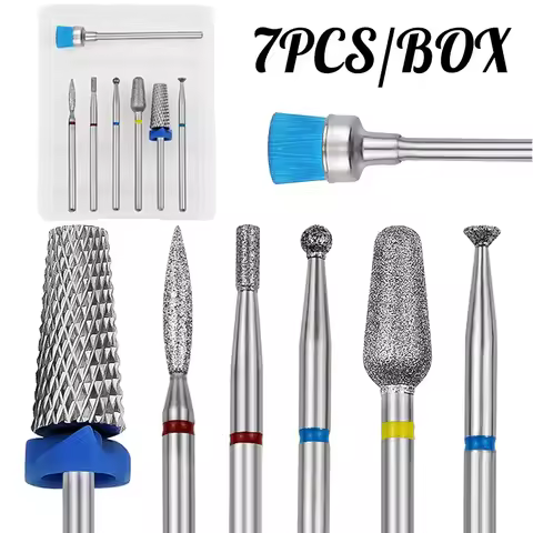 7PCS/BOX 3/32'' Tungsten Steel Diamond Nail Drill Bits, Acrylic Poly Gel Cuticle Remover, Manicure P