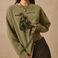 Green Graphic Print Casual Long Sleeve Sweater For Women Jumper For Woman Sweater Rodeo Tops For Wom
