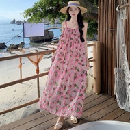 Qiuying Recommended Ladies Floral Dress Women Summer New Style Vietnam Thailand Vacation Travel Loose Sling Long Skirt