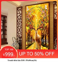 (tranh chưa thêu E85) Tranh thêu kín Hươu Nai con đường tài lộc 55x80cm