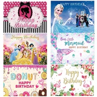 【150*100cm】Happy Birthday Backdrop Barbie Mermaid Princess Frozen Flamingo Donuts Theme Background C