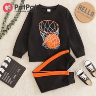 PatPat 2ชิ้น Kid Boy Ball Print Pullover Sweatshirt And Colorblock Pants Set