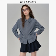 GIORDANO Women Shirts 100% Cotton Ruffle Hem Shirts Classic Collar Long Sleeve Sweet Fashion Casual