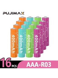 PUJIMAX 8/16 piezas, Batería recargable Ni-MH AAA400mAh y colorida, de alta calidad y rendimiento duradero para control remoto, alarma, timbre, estufa de gas, calentador de agua, linterna