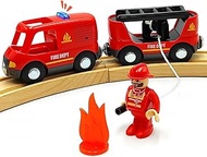 Magnetic Trains Cars Set Wooden Train Track Accessories Fire Truck Train Set for Toddlers 3-5 Wooden Train Sets for Boys Ages 2-4-7 (Fire Truck B (with Light and Sound))