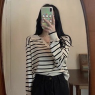 Msia Ready Stock🔥T2308 Korean Collar Striped Knitted Shirt