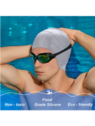 純色彈性矽膠泳帽，中性款，防水，護耳，防滑設計
