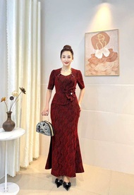 Đầm Đi Tiệc [Salu Store] Mã HL628 Dáng Dài Chất Liệu Thun Nhũ Dệt 3D Kết Hoa Đính Ngọc Cổ Nữ Hoàng S