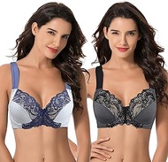Women's Plus Size Unlined Underwire Lace Bra with Cushion Straps- Grey Print, Navy Print- Size:48B