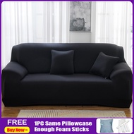 Black Sofa Cover Stretchable Armless Sofa Seat Cover Couch Cover Elastic Sofa Cover Sala Set Coverfor Sofa Universal L Type L Shape Sofa Cover Set 1/2/3 Seater with Free Pillowcase Foam Stick