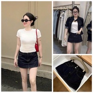 Meo Meo Shop QCCC QCL1 CV0779 8319 Melaleuca blue A-line jean short skirt with 2-button waistband