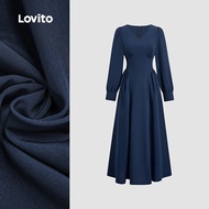 (NEW) Lovito Casual Dress Pleated Relaxation Spring/summer Navy Blue Dress for Women L151AD109 (NEW)