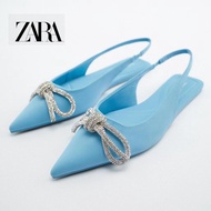 Zara Women's Shoes Blue Glossy Bow Decorated Flat Mules