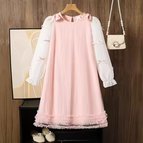 2025 Kids Clothing Autumn New Dress Pink O-Neck Long Sleeve A-Line Dress For Girls 8-12 Years Pretty