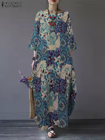 Plus Size Autumn Printed Dresses ZANZEA Vintage Women O Neck 3/4 Sleeve Dress Casual Loose Cotton Ve