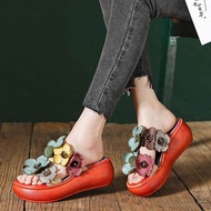 รองเท้าแตะส้นหนาลายดอกไม้สไตล์ชนเผ่าสำหรับผู้หญิงรองเท้าแตะเรโทร Cowhide หนังแท้ใหม่
